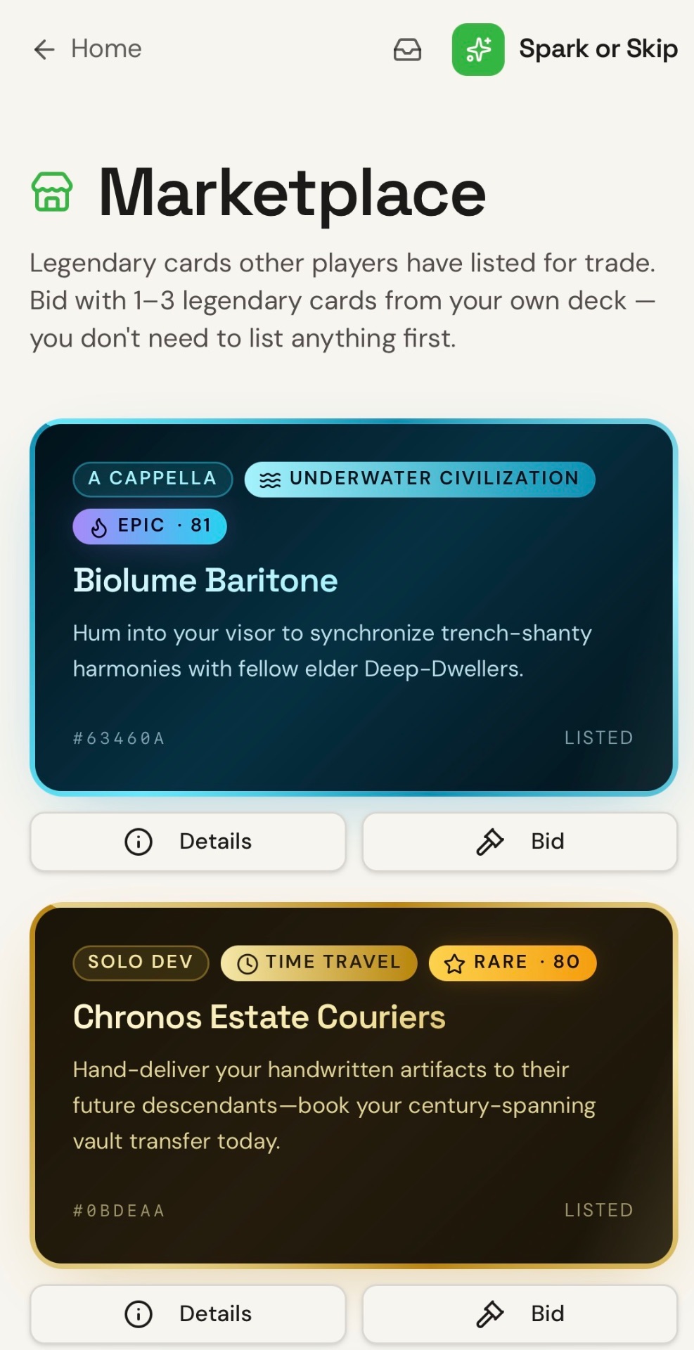 Marketplace of legendary ideas listed by other players