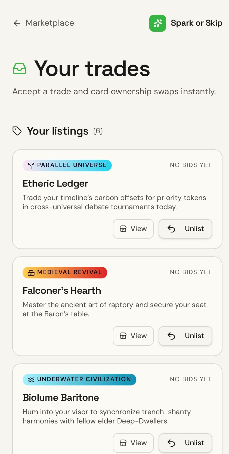 Personal listings page with ideas up for trade
