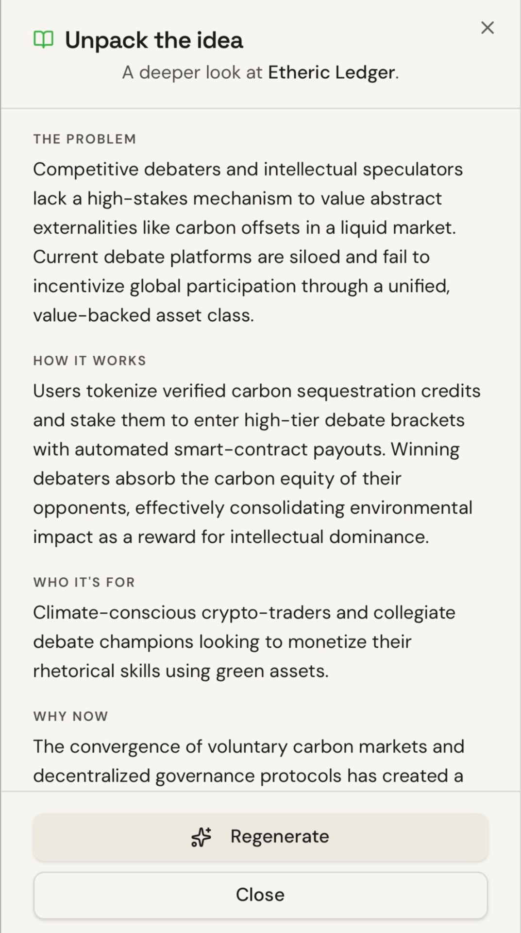 Idea breakdown showing problem, how it works and who it's for
