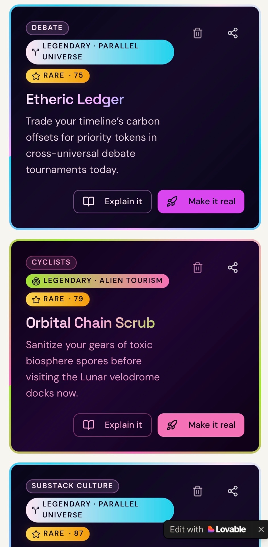 Deck of legendary startup ideas with rarity tiers